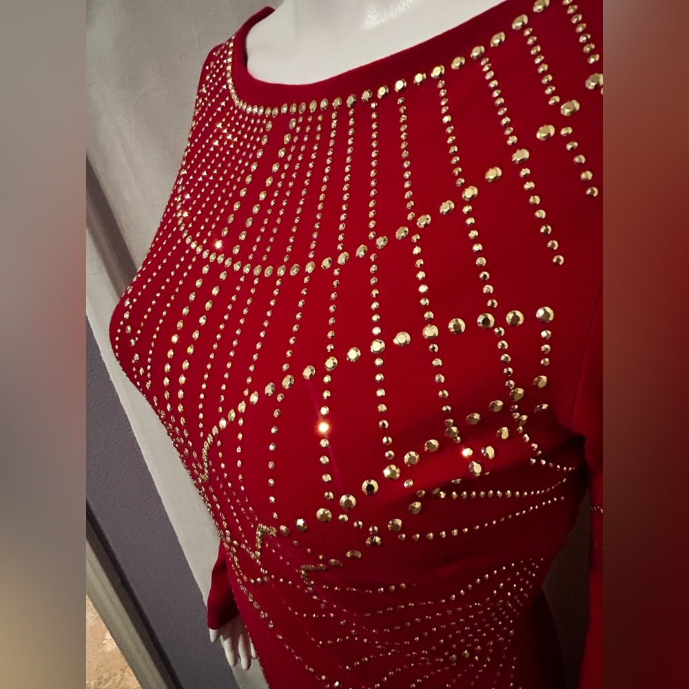 Bebe Red Embellished Dress Gold Studs Holiday Party Witchy Whimsigoth Steampunk - Picture 4 of 8